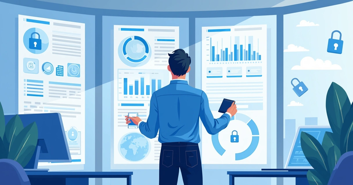 Profissional de TI analisando indicadores de segurança em múltiplas telas no escritório 