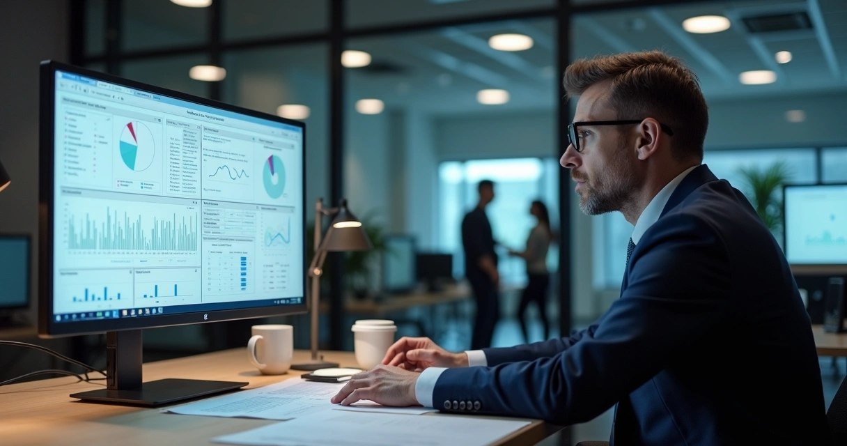 Líder pensativo diante de tela com gráficos e setas de decisão 