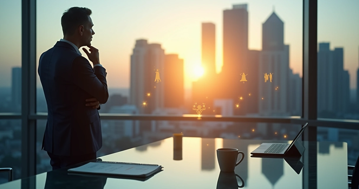 Líder refletindo diante de encruzilhada com caminhos diferentes 