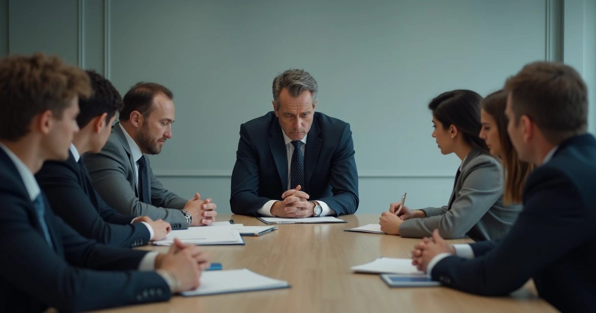 Reunião de trabalho com líder visivelmente autoritário enquanto a equipe aparenta desconforto. 