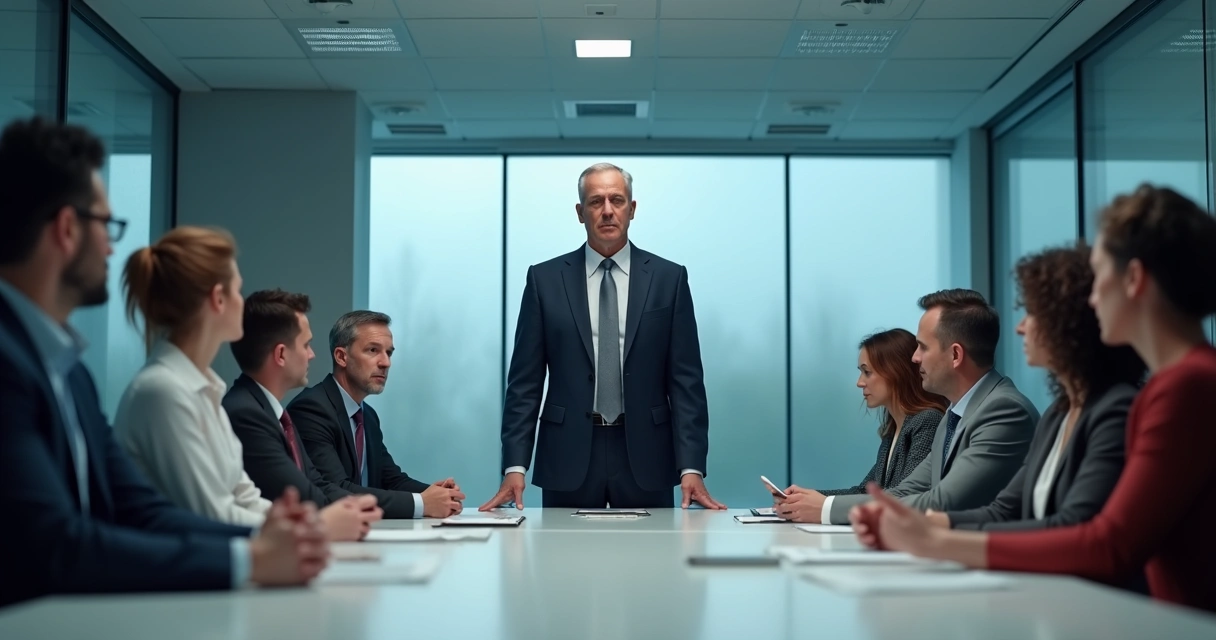 Líder de aparência autoritária no centro, grupo de pessoas ao redor hesitantes e afastados, sala de reuniões corporativa. 