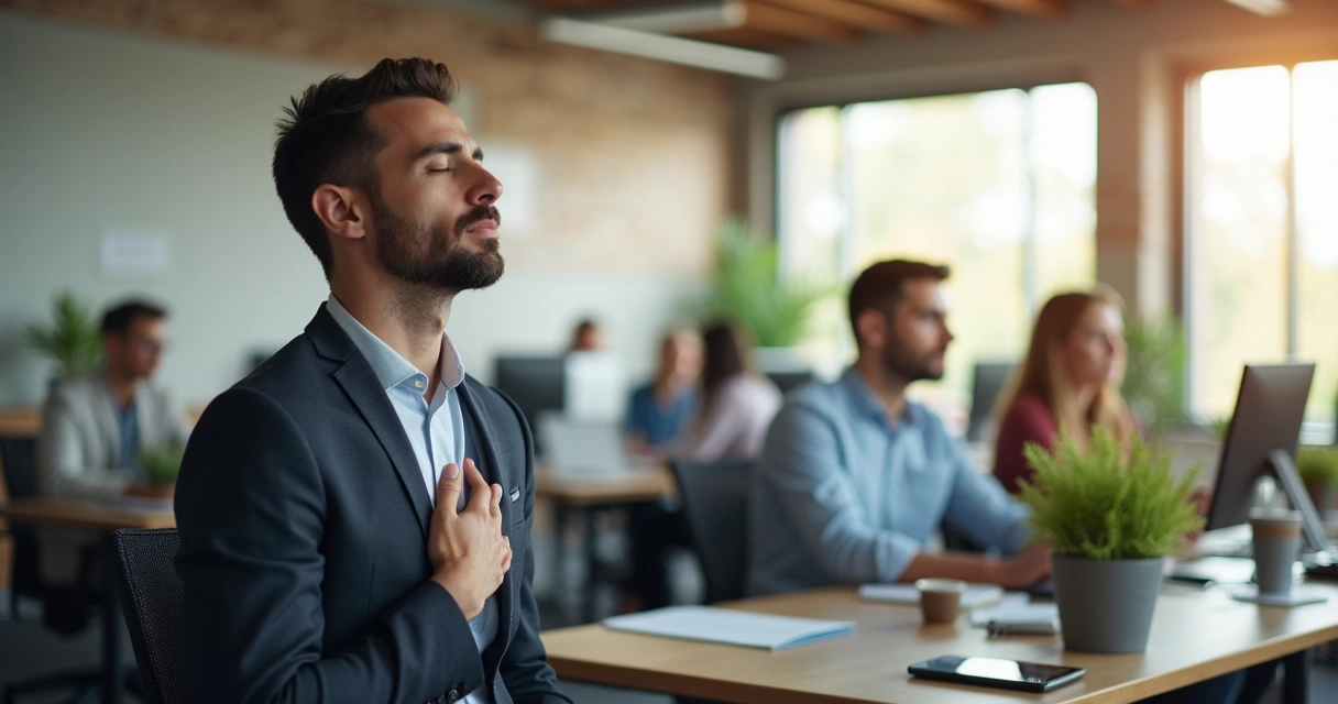 Líder en su escritorio tomando una pausa de mindfulness con una mano en el pecho y ojos cerrados 