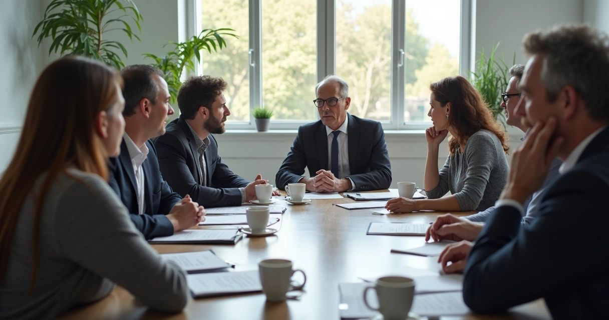 Grupo de líderes sentados ao redor de uma mesa discutindo calmamente. Luz suave, ambiente corporativo, caras concentradas, documentos e copos de café espalhados 