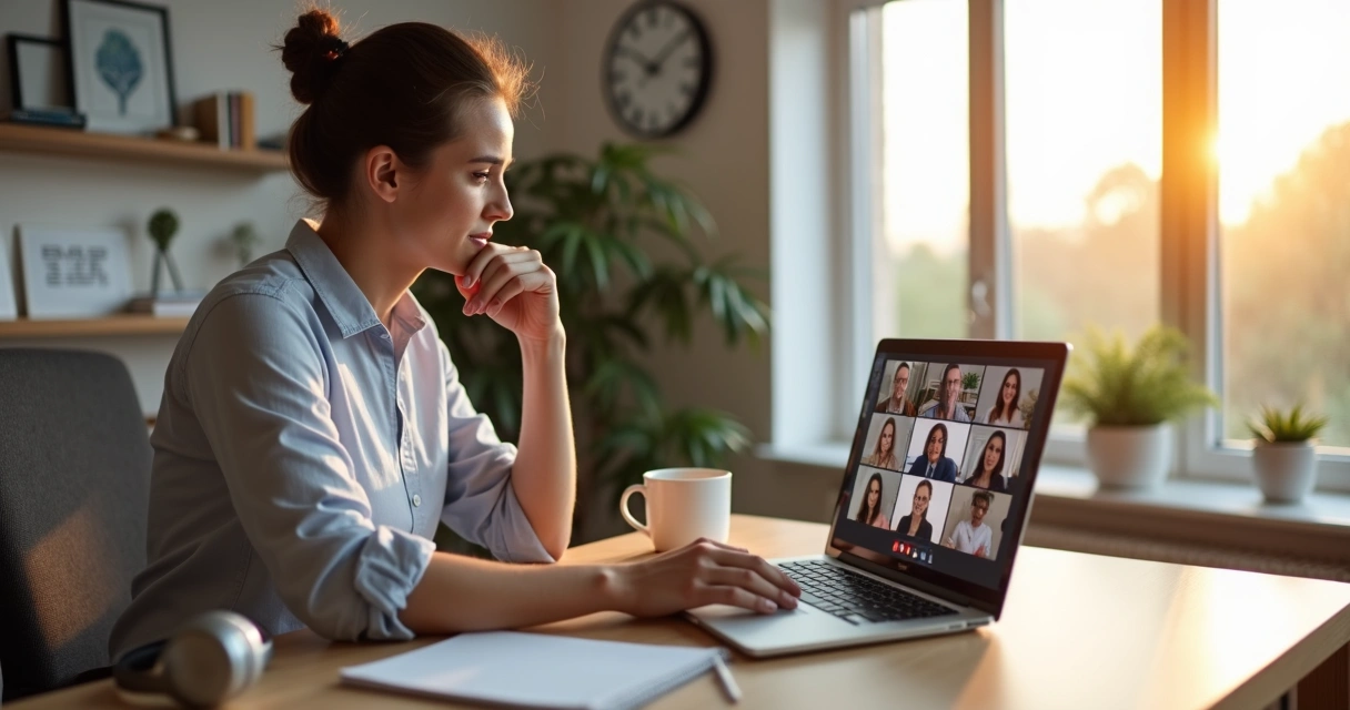 Líder em home office refletindo diante do notebook com equipe remota na tela 