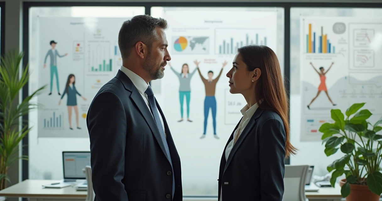 Dos líderes frente a frente, uno en traje formal y otro en ropa casual, fondo de oficina moderna. 