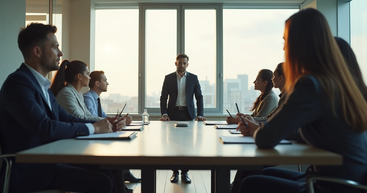 Persona en oficina liderando una reunión con expresión serena 