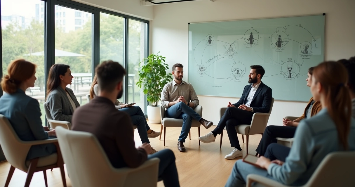 Líder facilitando diálogo profundo em equipe em círculo em sala de reunião moderna 