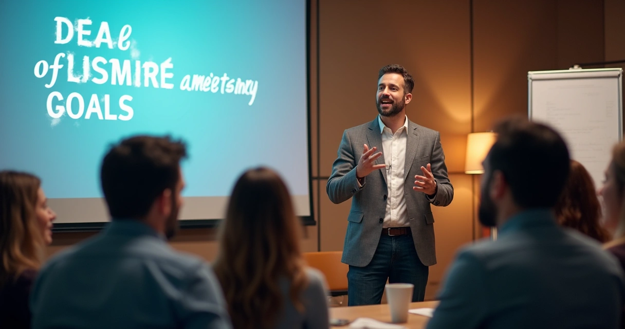 Líder inspirando equipe durante apresentação de metas. 
