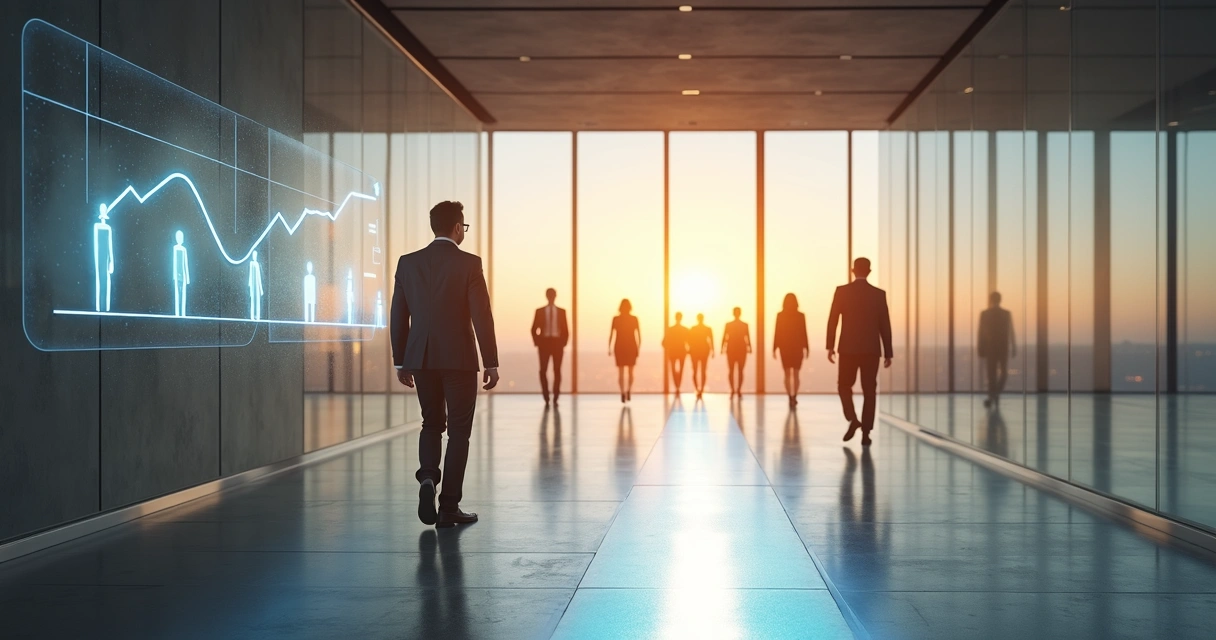 Líder caminhando à frente de equipe sobre linha luminosa em escritório moderno 