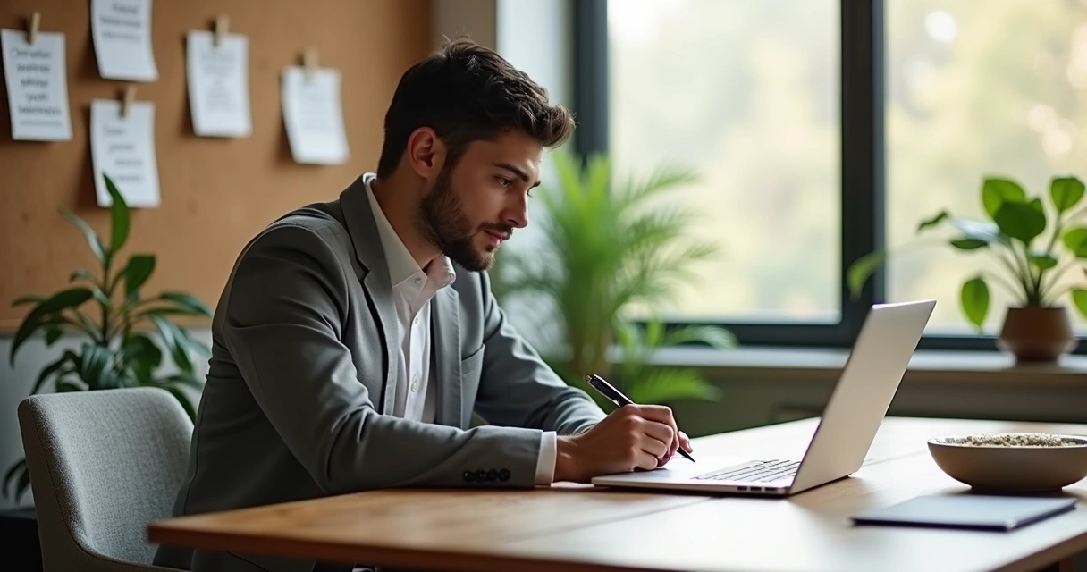 Líder sentado em ambiente moderno, refletindo e escrevendo em diário de autoconhecimento sobre mesa com plantas e laptop 