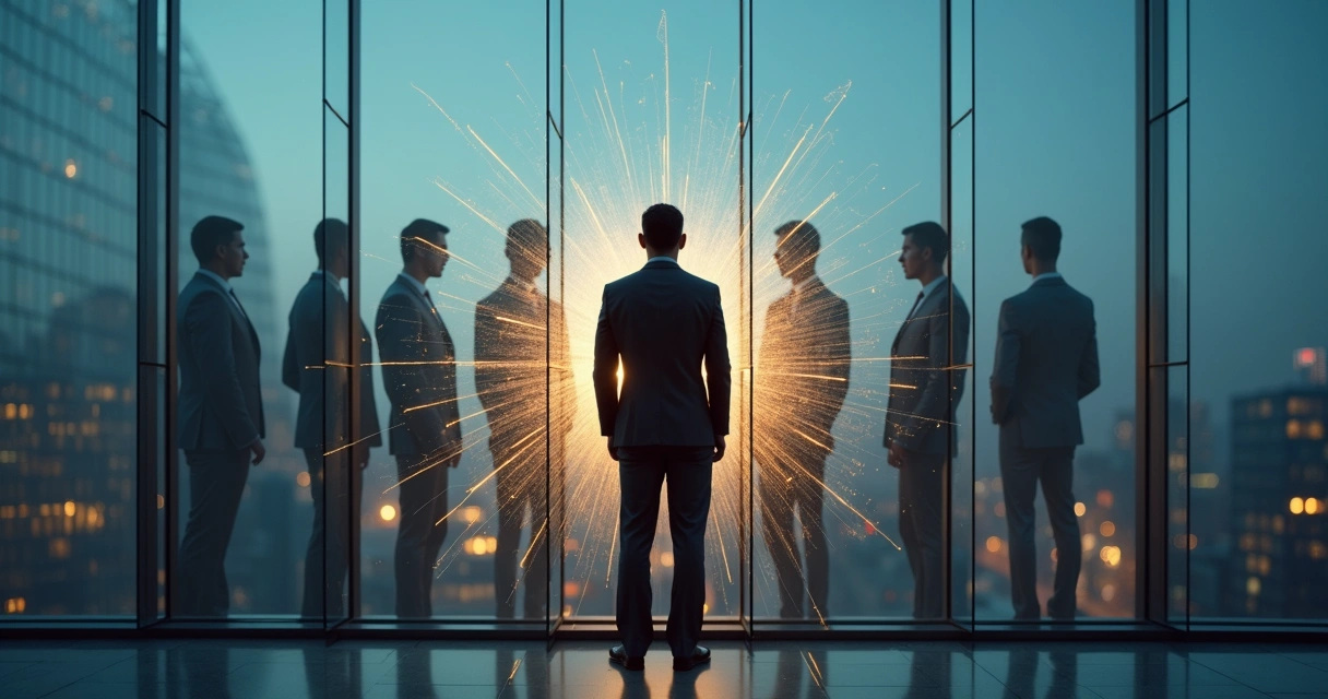 Líder encarando reflexo fragmentado em vidro transformando sombras em luz 