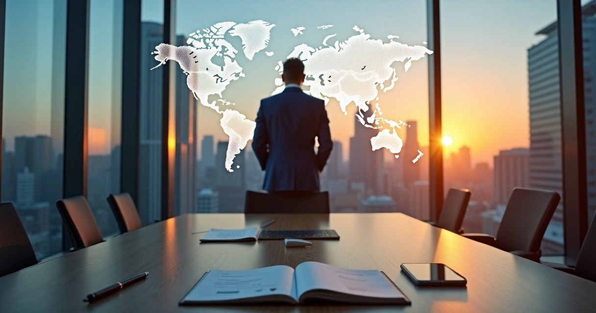 Líder de negócios observando mapa-múndi em sala de reunião moderna 