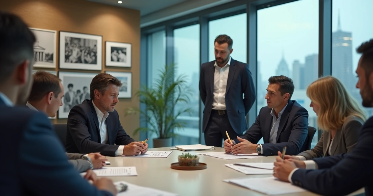 Líder pensativo observando uma equipe reunida em sala de reunião