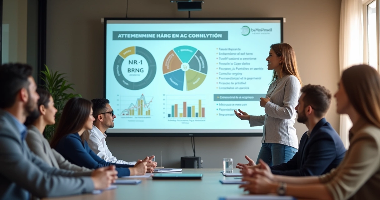 Líder empresarial palestrando para equipe sobre compliance e saúde mental 