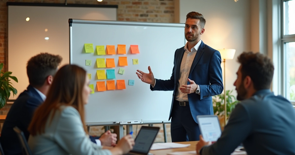 Líder orientando equipe em dinâmica colaborativa 