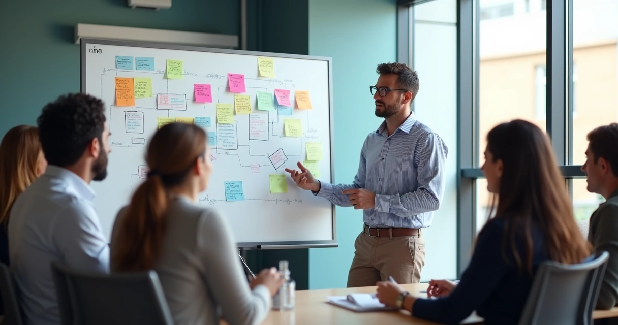 Líder explicando etapa de mudança para equipe em frente a quadro branco 