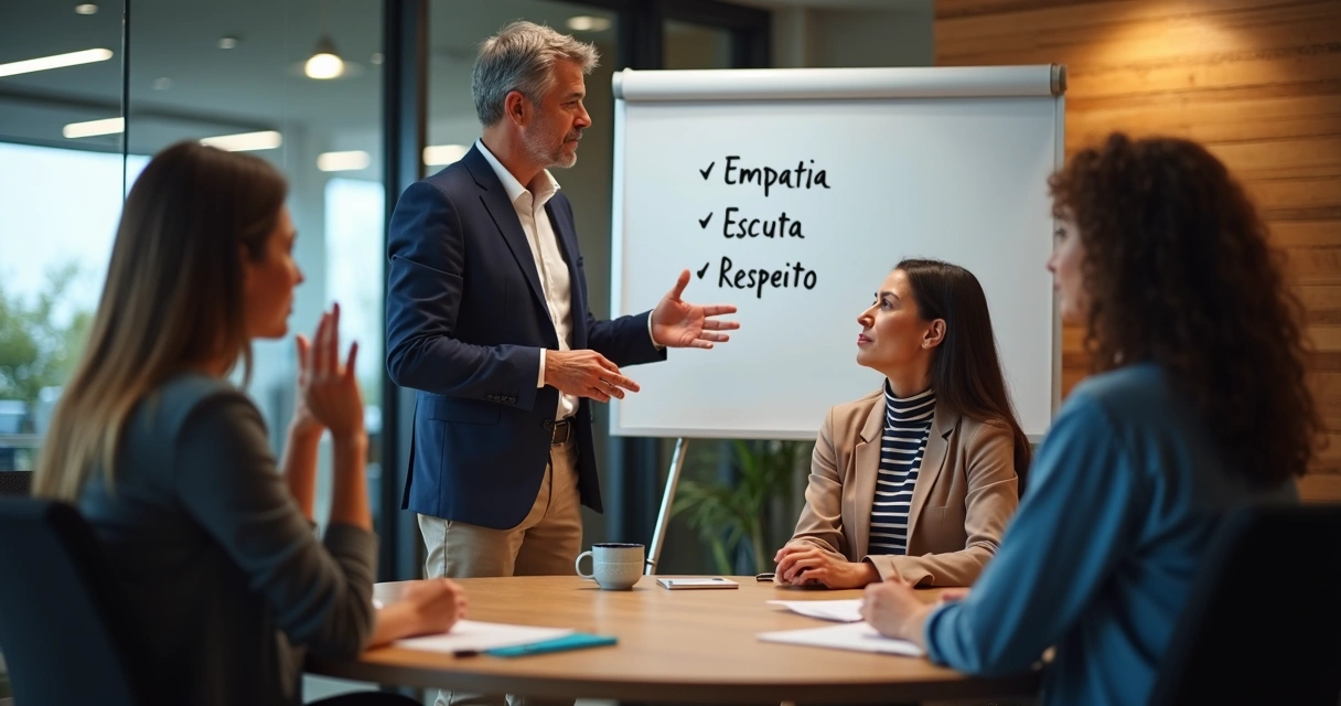 Líder orientando equipe em práticas de comunicação aberta 