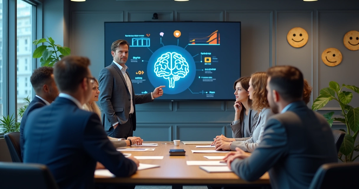 Líder orientando grupo sobre inteligência emocional em reunião 