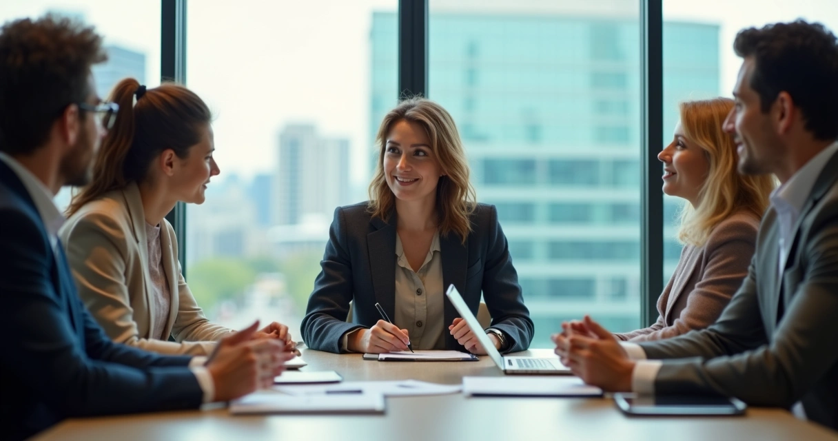 Líder jovem ouvindo colega em reunião de equipe em escritório moderno 