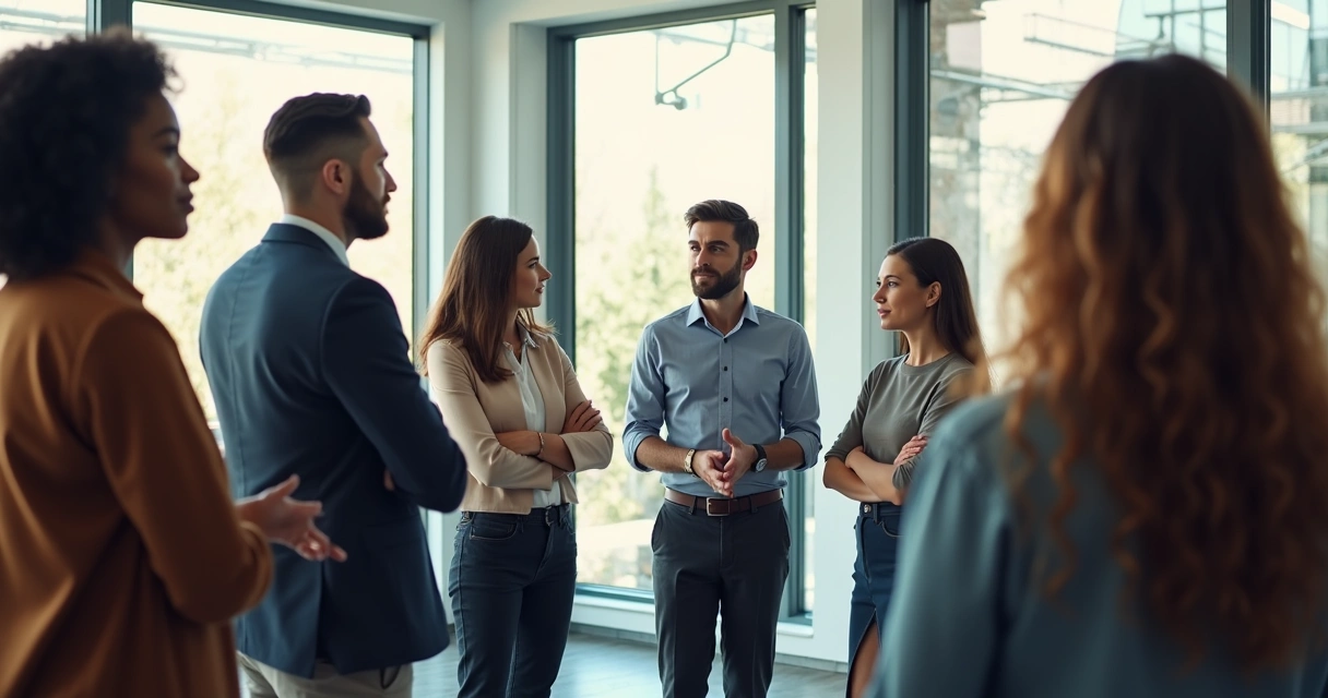 Líder interagindo com equipe em dinâmica de escuta ativa 
