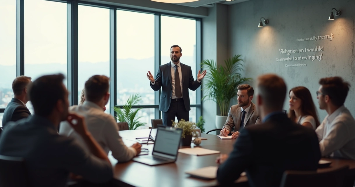 Líder hablando en una sala de conferencias con expresión decidida 