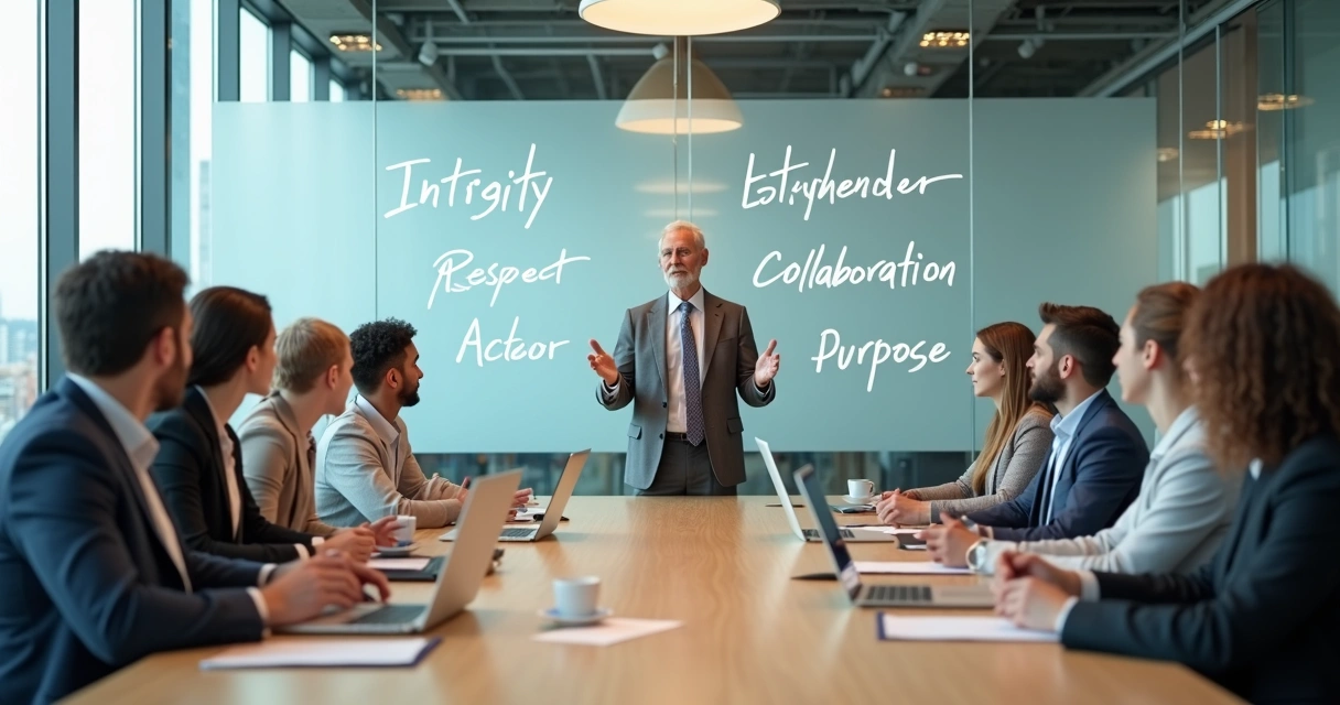 Líder em reunião alinhando valores pessoais à cultura da organização em sala de escritório moderna 
