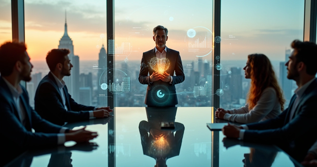 Líder moderno em sala de reunião rodeado por ícones de crescimento humano e negócios 