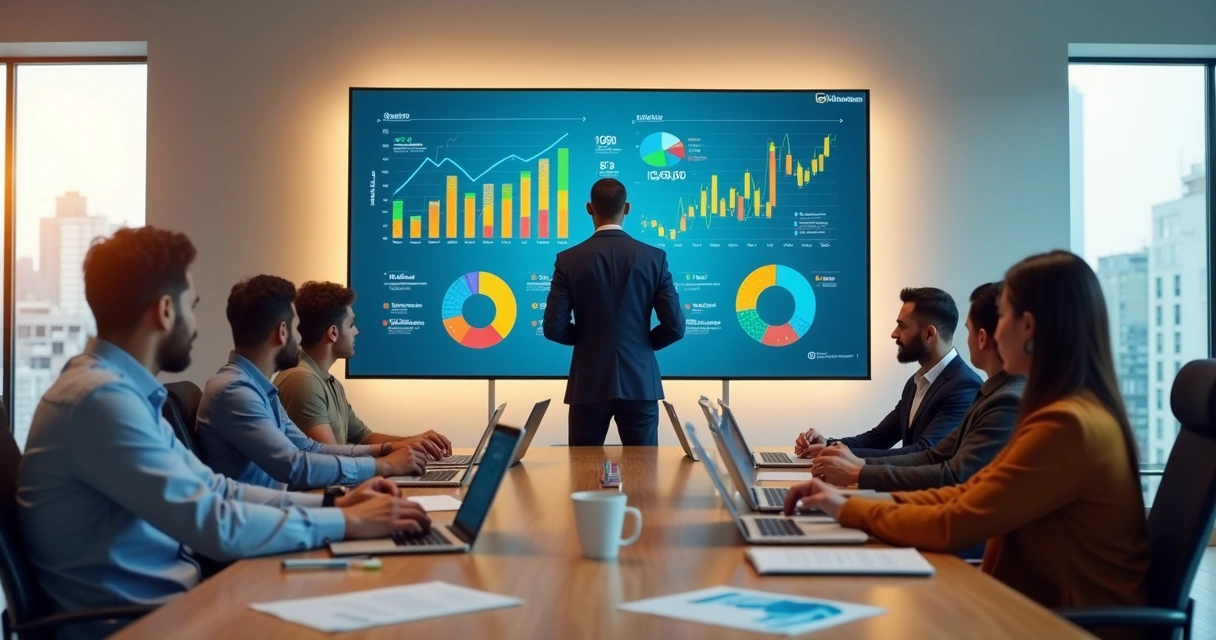 Líder de vendas observando painel de métricas em escritório moderno 