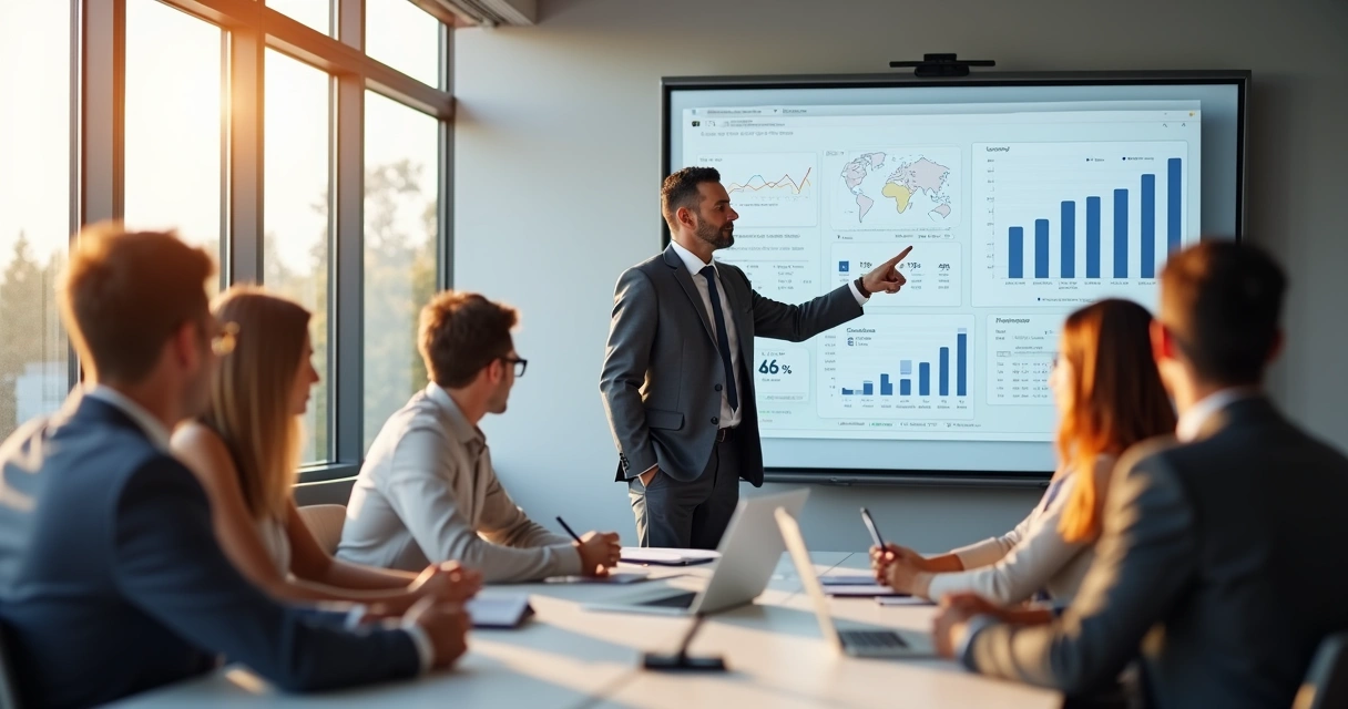 Líder de vendas orientando equipe em reunião. 