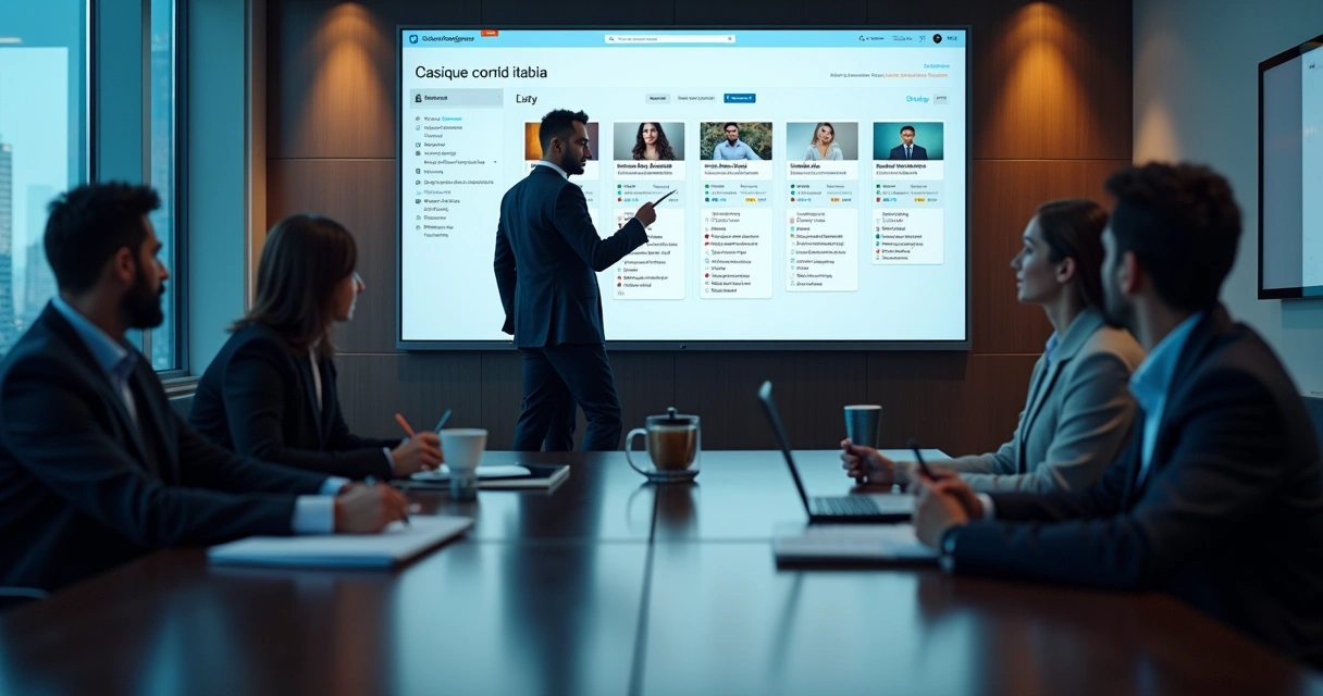 Gestor analisa perfis de decisores B2B em grande tela com LinkedIn aberto 