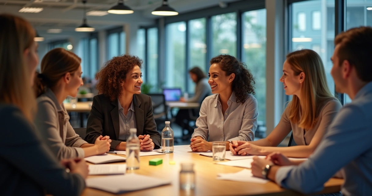 Líder conversando com equipe em círculo 
