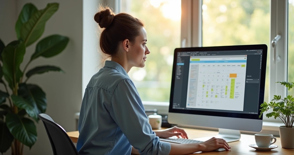 Líder de equipo virtual gestionando su energía frente a la computadora, con calendario, taza de té y ambiente equilibrado. 