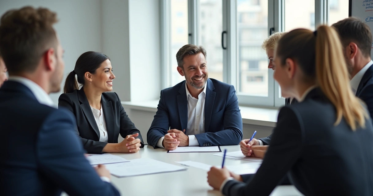 Grupo confiante reunido em sala de reuniões com líder sorridente ao centro 