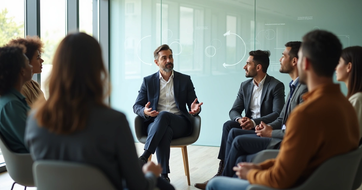 Líder hablando con su equipo en círculo mostrando vulnerabilidad y conexión 