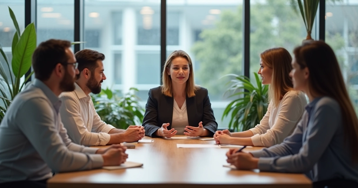 Líder hablando sinceramente en una reunión con su equipo y compartiendo emociones