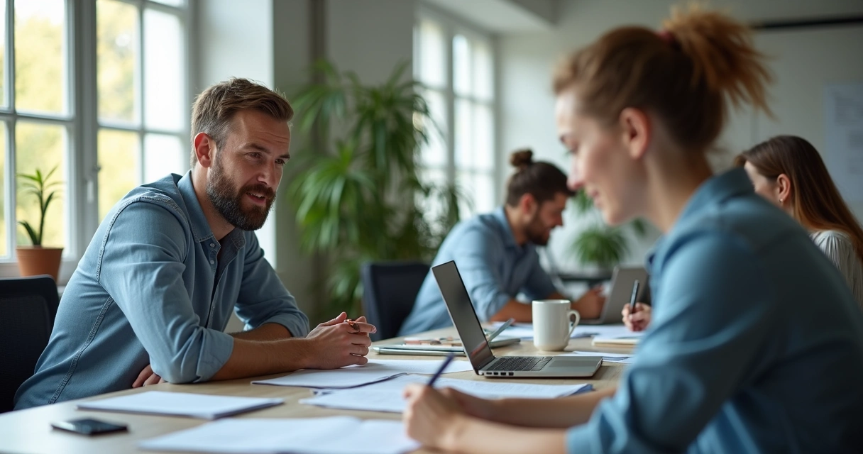 Líder vulnerável conversando com colega em ambiente de trabalho