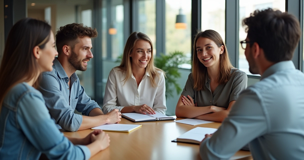 Líder em reunião com equipe, expressão aberta, clima de confiança 