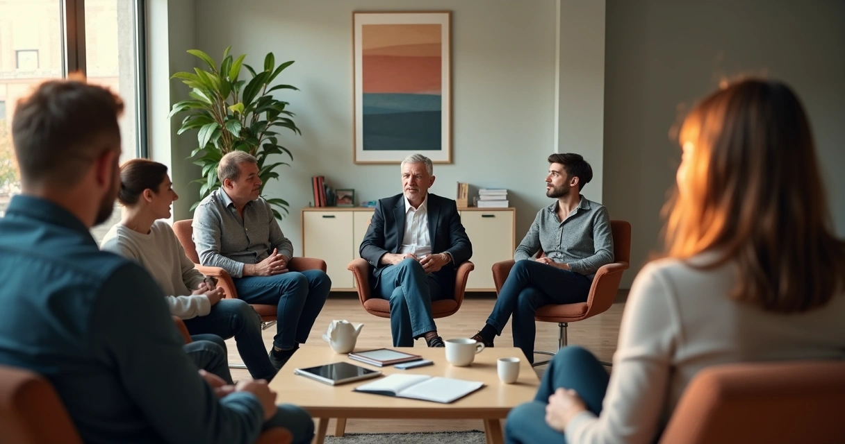 Líder sentado em círculo de cadeiras conversando abertamente com equipe diversa 