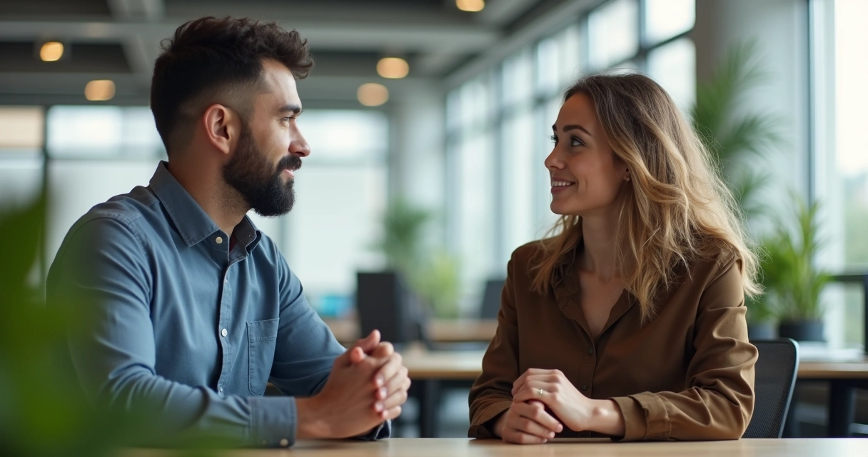 Líder escutando colaborador com atenção em escritório moderno 