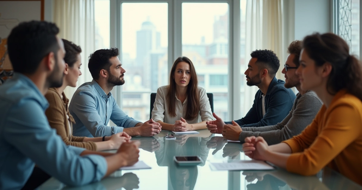 Gestor conversando sinceramente com equipe ao redor de uma mesa 