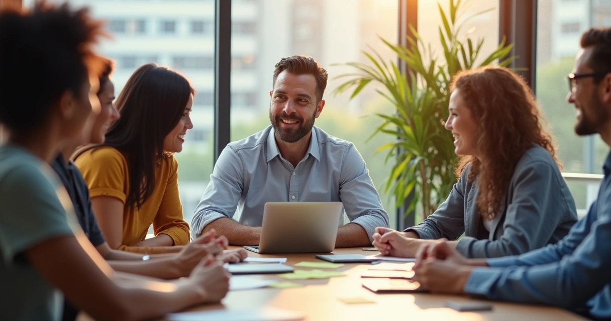 Líder sentado à mesa com equipe, compartilhando desafio em reunião informal 