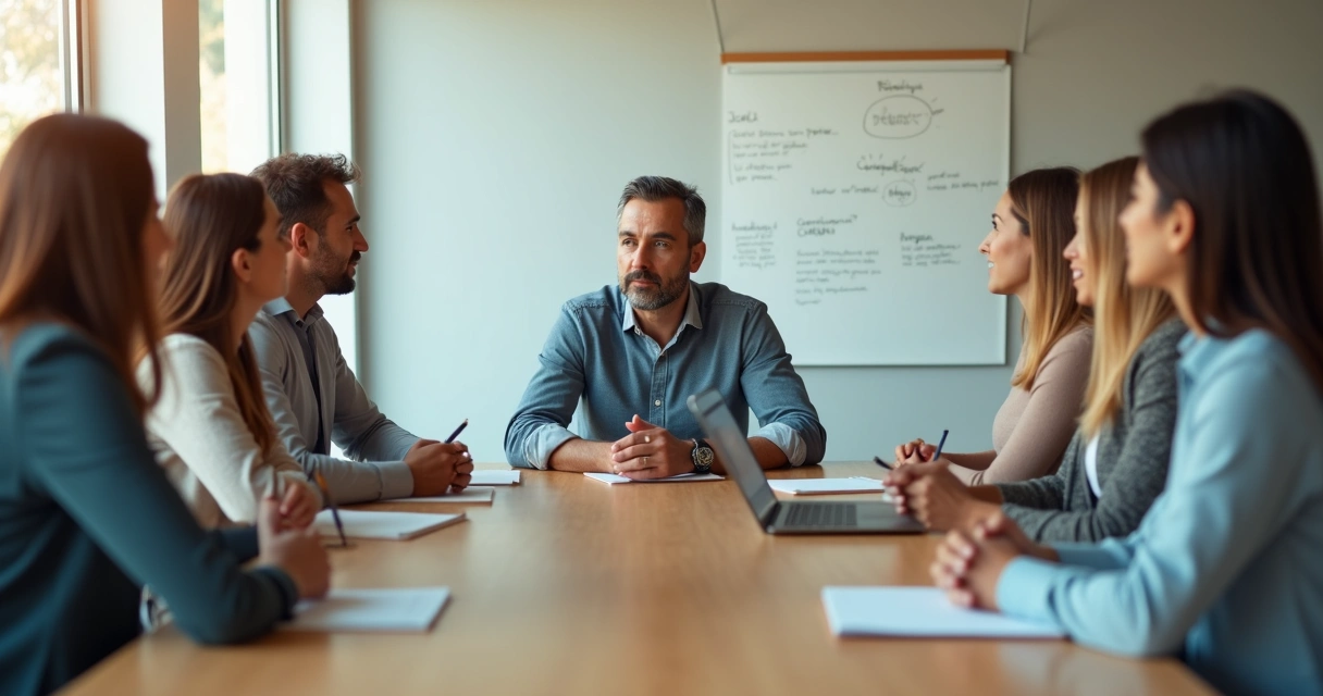 Líder sentado em reunião abrindo o coração para sua equipe atenta 