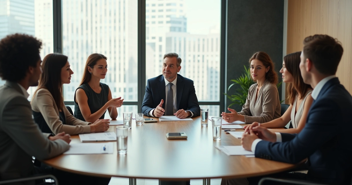 Líder em reunião com equipe mostrando abertura para diálogo 