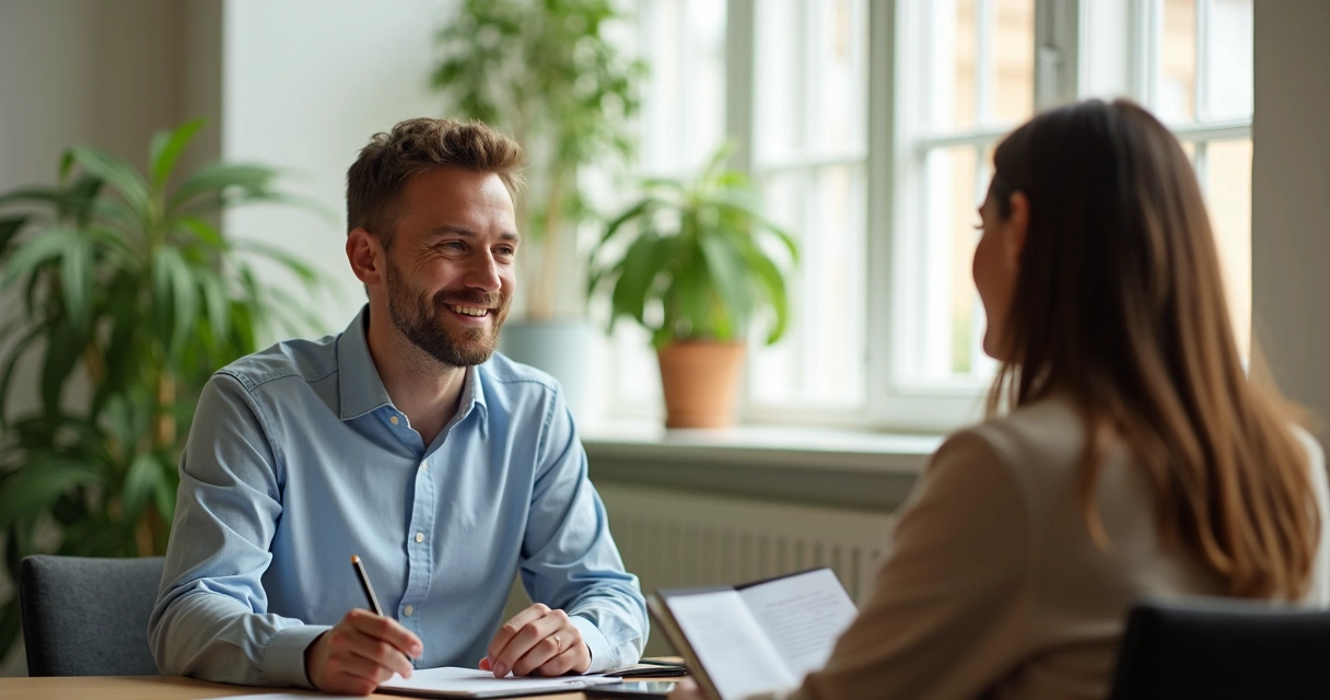 Gestor sentado ouvindo atentamente colaborador, clima acolhedor ao redor 