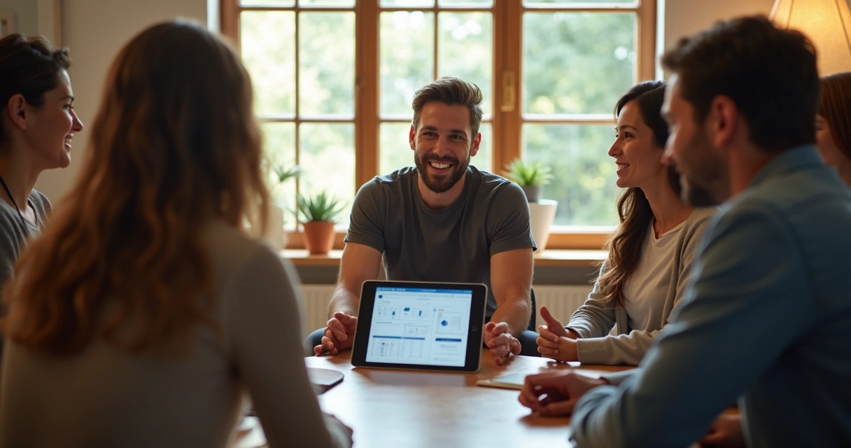 Líder sentado com equipe em círculo, todos atentos, em uma sala de reuniões aconchegante 
