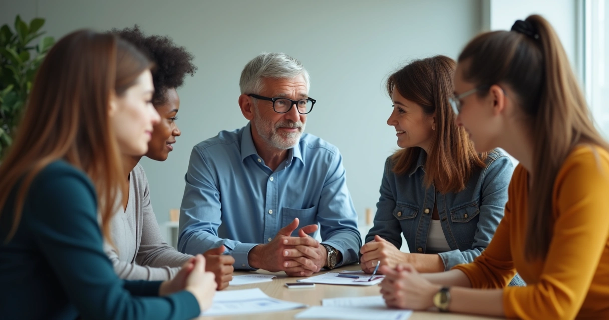 Líder e sua equipe reunidos trocando ideias e ouvindo uns aos outros. 