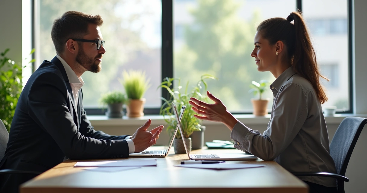 Líder escutando colaborador em escritório, ambos sentados, ambiente colaborativo
