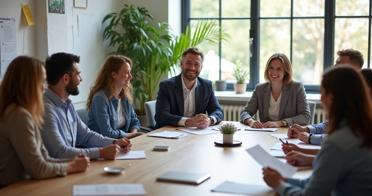 Líder sorrindo e conversando com equipe em reunião