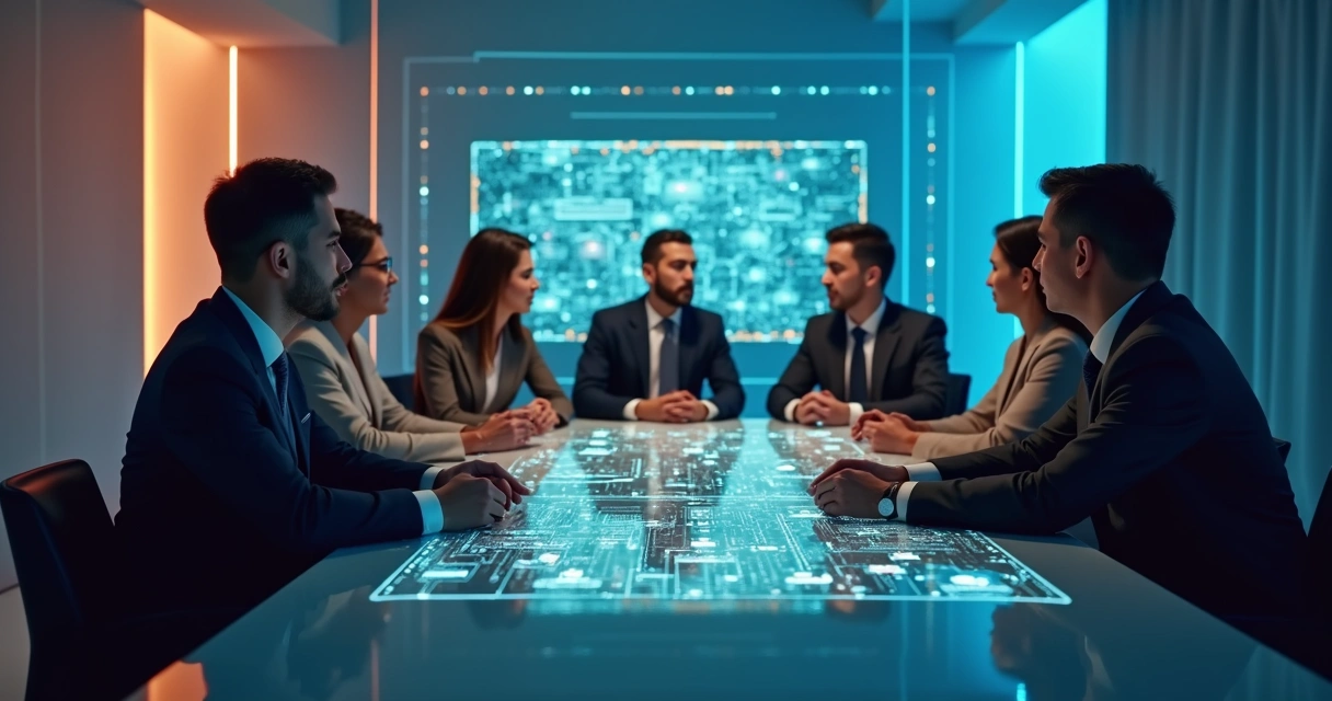 Líder facilitando discussão em equipe híbrida, pessoas e ícones digitais ao redor de uma mesa debatendo cenários de capacidade 