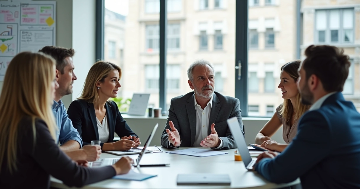 Líder reunido com equipe em mesa redonda assumindo um erro 